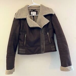 xhilaration jacket Sherpa Brown Faux Suede Cropped Y2K Size Medium Bomber Style